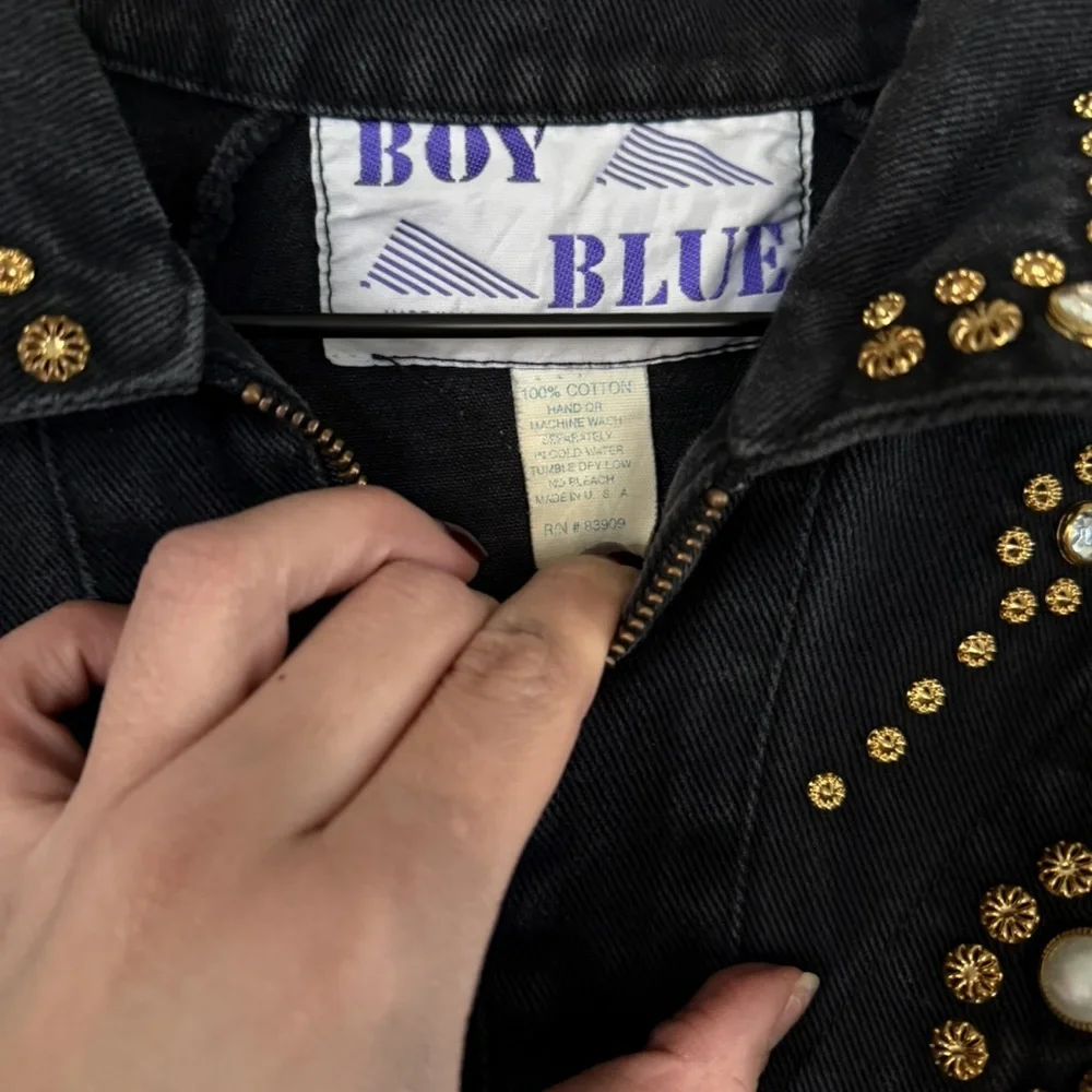 Vintage Boy Blue Studded Black Denim Bomber Jacket Zip Front Statement Coat‎